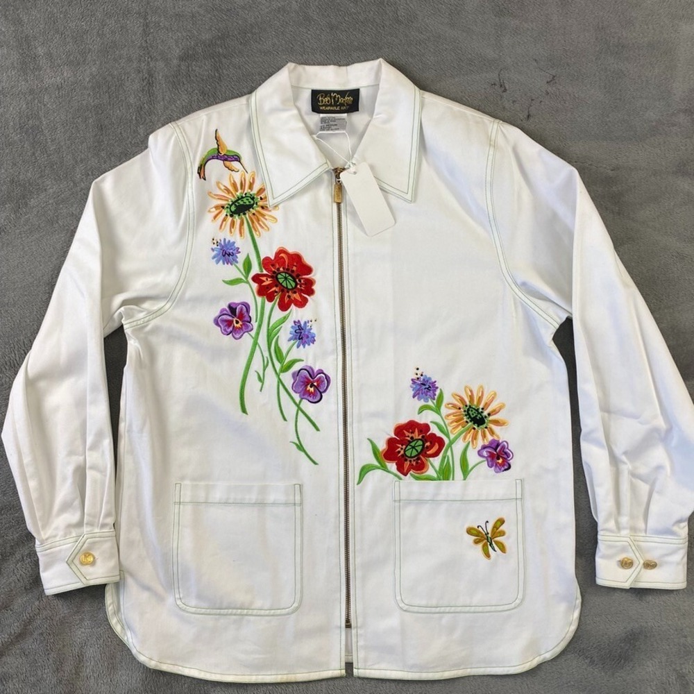 Bob Mackie‎ Jacket Womens M Wearable Art Denim Embroidered Floral White Vintage
